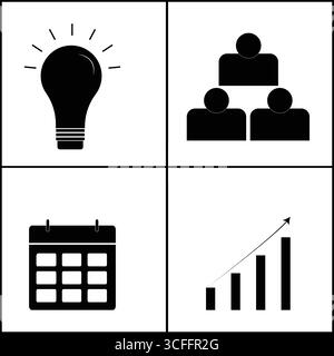 Vier schwarze Business-Symbole – Idee, Teamwork, Kalender und Vektorillustration für Wachstumskarten Stock Vektor
