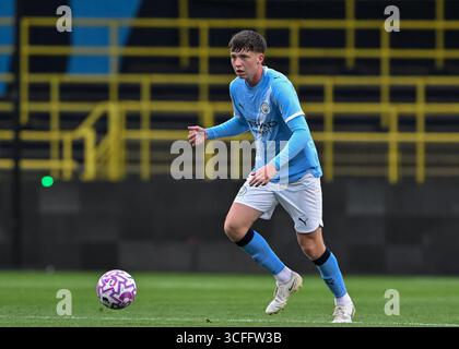Manchester, Großbritannien. August 2025. Kian Noble aus Manchester City beim Spiel Manchester City U21 gegen West Ham United U21 Premier League 2 im Academy Stadium, Manchester. Der Bildnachweis sollte lauten: Cody Froggatt/Sportimage Credit: Sportimage Ltd/Alamy Live News Stockfoto