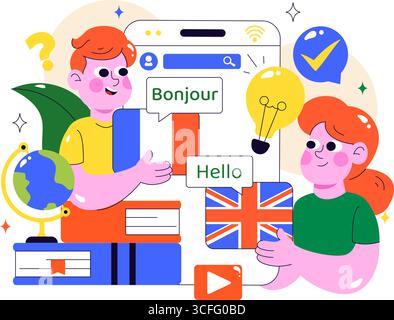 Illustration des Online-Sprachenlernens mit Kursen, Schulungsprogrammen und dem Studium von Fremdsprachen im Ausland über Website-Bildung Stock Vektor
