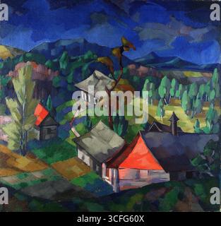 Expressionistisches Landschaftsgemälde mit dem Titel Saadjärv-Landschaft (Saadjärve maastik) des estnischen Künstlers Konrad Mägi, entstanden zwischen 1923 und 1924. Das Kunstwerk zeigt eine lebendige Landschaft mit Häusern, Bäumen, sanften Hügeln und einem dramatischen Himmel in kräftigen Farben und geometrischen Formen. Stockfoto