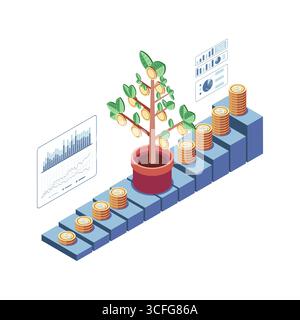 Isometrisches Diagramm für langfristige Investitionen und Finanzwachstum mit Geldbaum. Langfristiges Investitionskonzept Stock Vektor