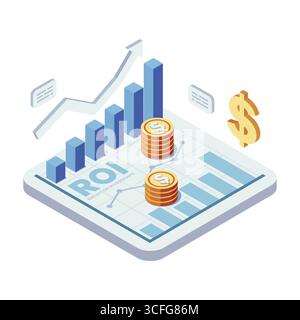 Isometrische ROI-Wachstumsdiagramm mit Münzen und steigendem Diagramm. ROI-ROI-ROI-Konzept Stock Vektor