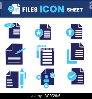 Symbolsatz Dateien – Dokument, Notizen, Bearbeiten, Schreiben, Ordner, Vertrag, Datei hinzufügen, JPG, PDF, TXT, Dateiverwaltung – Sammlung Von Solid Vector Icons Stock Vektor