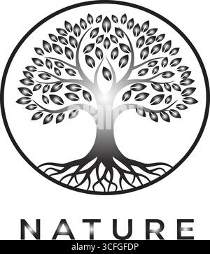 Eine auffällige Schwarzweiß-Illustration mit einem stilisierten Baum, der von einem kreisförmigen Rand umgeben ist. Der Baum hat einen dicken Stamm, gleichmäßig verteilte Äste, A Stock Vektor