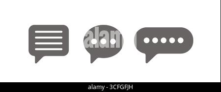 Set aus drei minimalistischen Symbolen in dunkelgrau, isoliert auf weißem Hintergrund. Jedes Symbol steht für Kommunikation, Messaging und Stock Vektor