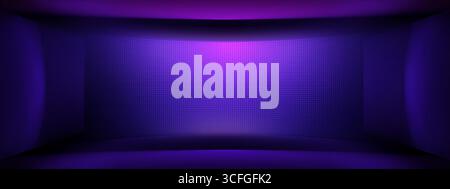 Violette LED-Wandpaneel mit lcd-Bildschirm und hellem Hintergrund für tv-Videos. Pixelanzeige und Monitor in Blau. Digitales Gittermuster für das Nachtleben. Stock Vektor