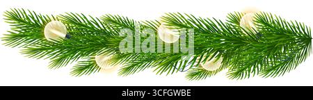Realistischer Tannenzweig mit hellen Weihnachtslichtern. Weihnachtsbaumzweige mit Girlande runden elektrischen Glühbirnen. Für Weihnachten Neujahrsbanner Stock Vektor