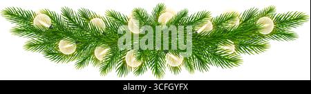 Weihnachtsrand aus realistisch grünen Nadelzweigen, Fichtenzweigen, Tannenzweigen mit einer Reihe von warmen Lichtern. Für weihnachtliche Atmosphäre Stock Vektor