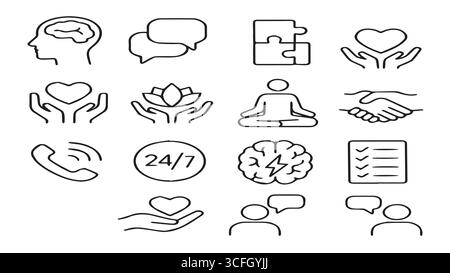 „Line Icons Set für psychische Gesundheit und Wellness – Symbole für Therapie, Meditation, Unterstützung, Kommunikation und Pflege“ Stock Vektor