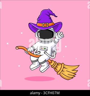 Niedliche Astronaut Hexe Reitbesen Halloween Cartoon Vektor Illustration Stock Vektor
