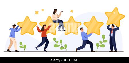 Menschen mit großen Goldsternen, die positives Feedback Teamwork und hohe Bewertung auf einem isolierten weißen Hintergrund für Business- und Rezensionskonzepte Vektorillustration symbolisieren Stock Vektor