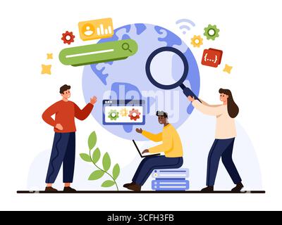 Menschen, die mit digitalen Tools zusammenarbeiten, Lupe, Suchbalken-Symbole, die Teamarbeit bei der Suchmaschinenoptimierung und Datenanalyse auf isolierter Vektorillustration mit weißem Hintergrund darstellen Stock Vektor