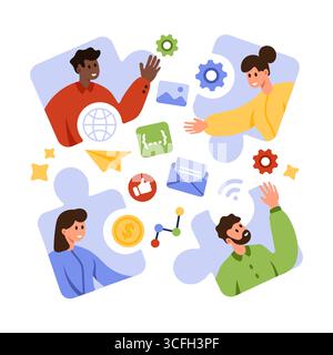 Die Zusammenarbeit von Geschäftsteams wird mit verschiedenen Personen gezeigt, die Puzzleteile, Symbole für Kommunikation, Finanzen und Technologie auf einer weißen, isolierten Hintergrundvektorillustration verbinden Stock Vektor