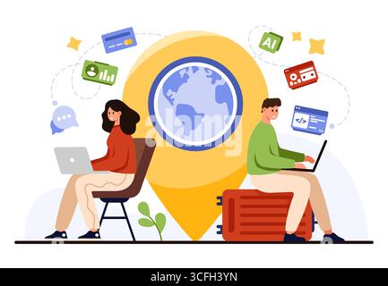 Remote-Mitarbeiter verbinden Laptops mit einem drahtlosen Internet-Hotspot mit einem globalen Standort-Pin, digitalen Datensymbolen und Technologieelementen auf einer isolierten weißen Hintergrundvektorillustration Stock Vektor