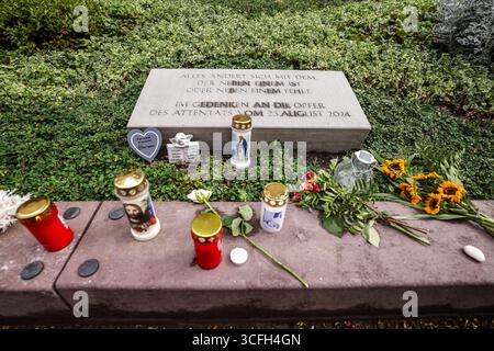 Solingen, Deutschland. August 2025. Ein Gedenkstein erinnert an die Opfer des Terroranschlags in Solingen am 23. August 2024, davor werden Kerzen und Blumen gelegt. Quelle: Christoph Reichwein/dpa/Alamy Live News Stockfoto
