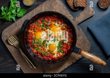 Shakshuka in der Pfanne zum Frühstück, Nahaufnahme. Hausgemachte Shakshuka aus pochierten Eiern, Zwiebeln, Paprika, Olivenöl, roten Tomaten und Petersilie im Abguss Stockfoto
