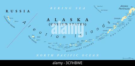 Aleuten, politische Karte. Der größte Teil des Archipels gehört zum US-Bundesstaat Alaska, während die Commander Islands zu Russland gehören. Stockfoto