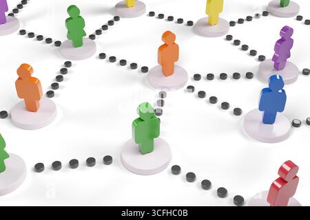 Holzfiguren auf miteinander verbundenen Kreisen. Das Konzept der Zusammenhänge. 3D-Abbildung. Stockfoto