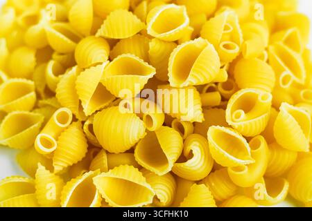 Ein detailliertes, hochauflösendes Nahfoto eines Haufens ungekochter Conchiglie-Nudeln. Die Nudeln sind hellgelb und die einzelnen Stücke sind klar Stockfoto