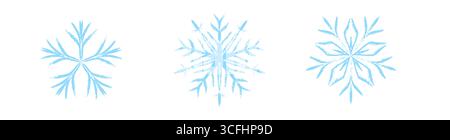 Set aus blauen silbernen handgezeichneten, schicken Schneeflocken-Symbolen. Zeichenstift, Bleistift, Pastellfarben, Kreide. Frohe Weihnachten und frohe Neujahrswintertage Dezember Stock Vektor