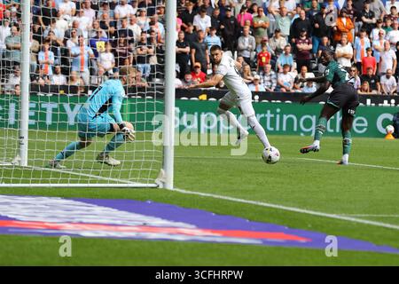 Swansea, Großbritannien. August 2025. Zan Viipotnik aus Swansea City erzielt seinen Teams das 1. Tor . EFL Skybet Meisterschaftsspiel Swansea City gegen Watford im Stadion Swansea.com in Swansea, Wales am Samstag, 23. August 2025. Dieses Bild darf nur für redaktionelle Zwecke verwendet werden. Nur redaktionelle Verwendung, Bild von Andrew Orchard/Alamy Live News Stockfoto