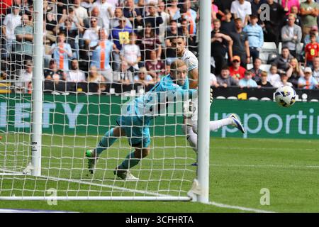 Swansea, Großbritannien. August 2025. Zan Viipotnik aus Swansea City erzielt seinen Teams das 1. Tor . EFL Skybet Meisterschaftsspiel Swansea City gegen Watford im Stadion Swansea.com in Swansea, Wales am Samstag, 23. August 2025. Dieses Bild darf nur für redaktionelle Zwecke verwendet werden. Nur redaktionelle Verwendung, Bild von Andrew Orchard/Alamy Live News Stockfoto
