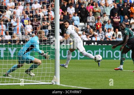 Swansea, Großbritannien. August 2025. Zan Viipotnik aus Swansea City erzielt seinen Teams das 1. Tor . EFL Skybet Meisterschaftsspiel Swansea City gegen Watford im Stadion Swansea.com in Swansea, Wales am Samstag, 23. August 2025. Dieses Bild darf nur für redaktionelle Zwecke verwendet werden. Nur redaktionelle Verwendung, Bild von Andrew Orchard/Alamy Live News Stockfoto