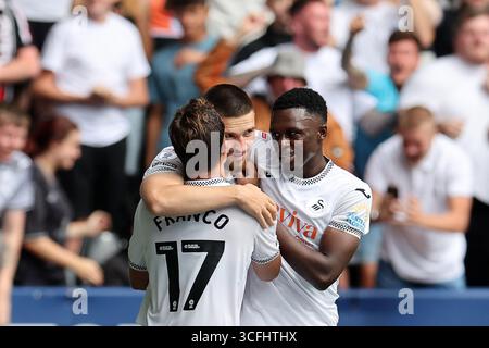 Swansea, Großbritannien. August 2025. Zan Viipotnik von Swansea City (c) feiert mit seinen Teamkollegen, nachdem er seinen Teams das 1. Tor erzielt hat. EFL Skybet Meisterschaftsspiel Swansea City gegen Watford im Stadion Swansea.com in Swansea, Wales am Samstag, 23. August 2025. Dieses Bild darf nur für redaktionelle Zwecke verwendet werden. Nur redaktionelle Verwendung, Bild von Andrew Orchard/Alamy Live News Stockfoto
