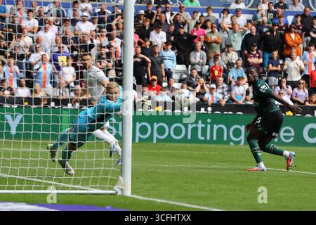 Swansea, Großbritannien. August 2025. Zan Viipotnik aus Swansea City (c) erzielt seine Teams das 1. Tor und steht mit 1-1 gleich. EFL Skybet Meisterschaftsspiel Swansea City gegen Watford im Stadion Swansea.com in Swansea, Wales am Samstag, 23. August 2025. Dieses Bild darf nur für redaktionelle Zwecke verwendet werden. Nur redaktionelle Verwendung, Bild von Andrew Orchard/Alamy Live News Stockfoto