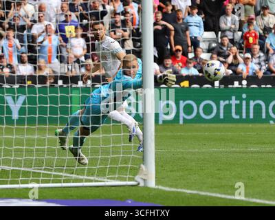 Swansea, Großbritannien. August 2025. Zan Viipotnik aus Swansea City (c) erzielt seine Teams das 1. Tor und steht mit 1-1 gleich. EFL Skybet Meisterschaftsspiel Swansea City gegen Watford im Stadion Swansea.com in Swansea, Wales am Samstag, 23. August 2025. Dieses Bild darf nur für redaktionelle Zwecke verwendet werden. Nur redaktionelle Verwendung, Bild von Andrew Orchard/Alamy Live News Stockfoto