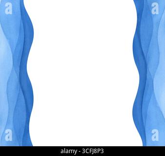 Rechteckiger abstrakter Rahmen, handgezeichnet. Die Aquarellabbildung ist auf weißem Hintergrund isoliert. Eine Vorlage mit stilisierten blauen Wellen Stockfoto