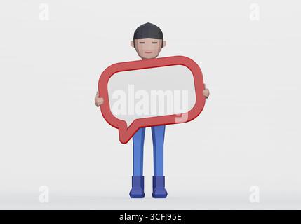 3D-Wiedergabe eines Zeichentrickfilms mit einer Chat-Box-Nachricht oder einer Informationstafel Stockfoto