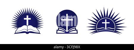 Satz christlicher Kreativsymbole. Branding-Konzept. Religiöses Kreuz, strahlende Sonne und offenes Buch. Lehrsymbole. Isolierte Schnittelemente. Flaches Design Stock Vektor