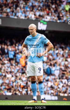 Manchester, Großbritannien. August 2025. MANCHESTER, ENGLAND - 23. AUGUST: Erling Haaland aus Manchester City bei einem Spiel der Premier League 2025/26 zwischen Manchester City und Tottenham Hotspur im Etihad Stadium am 23. August 2025 in Manchester, England. (Richard Callis/SPP) Credit: SPP Sport Press Photo. /Alamy Live News Stockfoto
