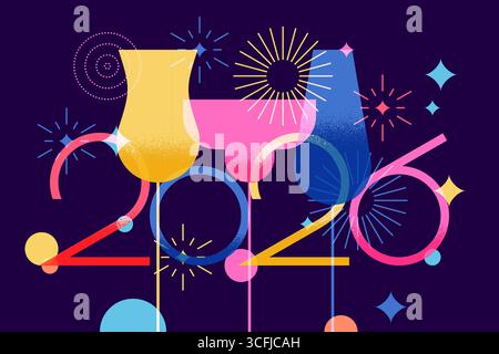 2026 Silvesterparty-Banner mit mehrfarbigen Cocktails, Champagner, Feuerwerk. Vektorabbildung. Festliche Designelemente für Cocktailkarte und Bar Stock Vektor