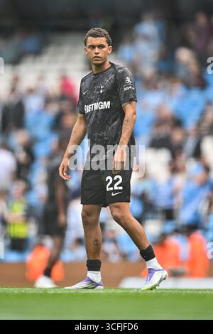 Etihad Stadium, Manchester, Großbritannien. August 2025. Premier League Football, Manchester City gegen Tottenham Hotspur; Brennan Johnson von Tottenham Hotspur Credit: Action Plus Sports/Alamy Live News Stockfoto
