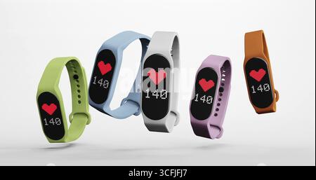 3D-Rendering von Smart Band, Fitnessuhr, Sportarmband oder Fitness Activity Tracker auf isoliertem Hintergrund Stockfoto