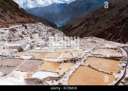 Maras Salzteiche Terrassen im Heiligen Tal, Peru. Detaillierte Details der geometrischen Salzbecken, die seit der Inka-Zeit verwendet wurden, Kultur- und Naturerbe. Stockfoto