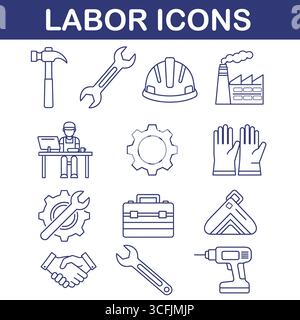 Diese Abbildung zeigt eine Sammlung von arbeitsbezogenen Symbolen, einschließlich Werkzeugen, Sicherheitsausrüstung und Symbolen für verschiedene Berufe. Stock Vektor