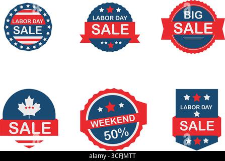 Ein komplettes Set aus sechs patriotischen, vektorbasierten Verkaufsabzeichen und -Etiketten. Die Kollektion umfasst Designs für Labor Day Sale, Big Sale und Weekend Sale. Stock Vektor