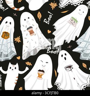 Lustiger süßer Laken Geist hält heiße Getränke Tassen nahtlose Party. Halloween Hintergrund Vektor Illustration. Ästhetisches Design der Herbstsaison. Stock Vektor