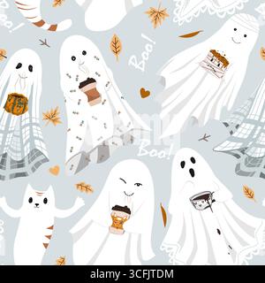 Lustiger süßer Laken Geist hält heiße Getränke Tassen nahtlose Party. Halloween Hintergrund Vektor Illustration. Ästhetisches Design der Herbstsaison. Stock Vektor