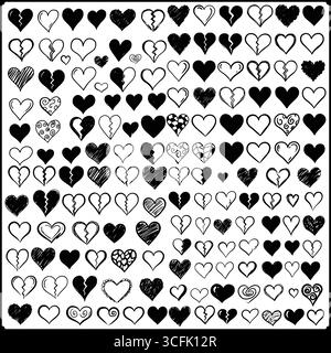 Sammlung von handgezeichneten Herzen in verschiedenen Kritzelstilen und Arrangements auf einem weißen Hintergrund Vektorgrafik Stock Vektor