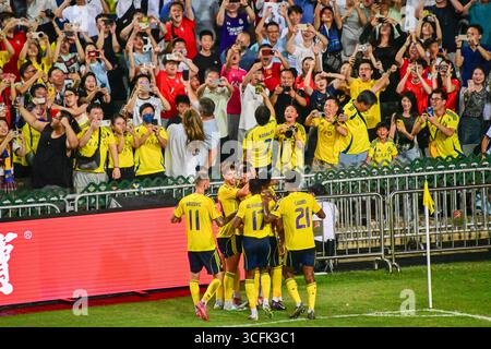 Hongkong, China. August 2025. Spieler von Al-Nassr feiern während des letzten Fußballspiels des Saudi Super Cup zwischen Al-Nassr und Al-Ahli in Hongkong, China, 23. August 2025. Quelle: Zhu Wei/Xinhua/Alamy Live News Stockfoto
