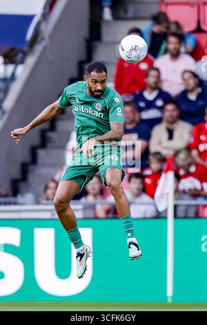 Eindhoven, Niederlande. August 2025. EINDHOVEN, 23-08-2025, Philips Stadion, Saison 2025/2026, niederländischer Eredivisie Football, Spiel zwischen PSV und FC Groningen, Fotoshows, FC Groningen Spieler Marvin Peersman Credit: Pro Shots/Alamy Live News Stockfoto