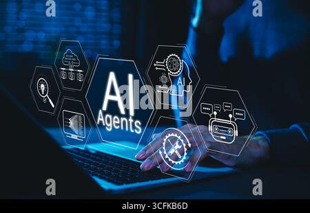 KI-Agententechnologie für Automatisierung und virtuelle Unterstützung. Mann, der Laptop mit KI-Agenten-Symbolen, intelligentem Assistenten, künstlichen Intelligenz-Elementen, Stockfoto