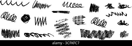 Satz von schwarzen Vektorstrichen mit kräftigen dicken Schlieren, Wellen und Wirbeln, kratzenden Spuren und dekorativen Kräutern. Flecken auf der Tafel Stock Vektor