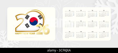 Horizontaler Taschenkalender 2026 in koreanischer Sprache. Neujahrssymbol 2026 mit Flagge von Südkorea. Vektorkalender. Stock Vektor