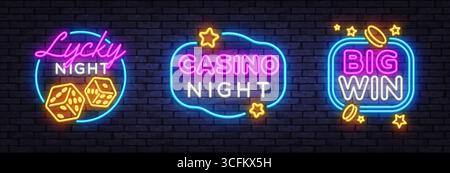 Neon-Schildersammlung mit Lycky Night, Casino Night und großen Win-Phrasen. Leuchtende Würfel, Sterne und Münzen auf der dunklen Ziegelwand schaffen ein lebendiges Casino Stock Vektor