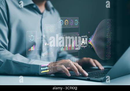 KI-Technologie für künstliche Intelligenz zur Verwaltung von Big Data-Analysen und zur Erfassung komplexer Informationen. Analyst mit AI Working Business Analytics d Stockfoto